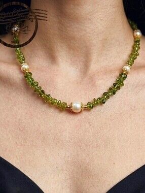 Peridot & Freshwater Pearls In Classic Gold Plated Necklace / Choker & Earrings